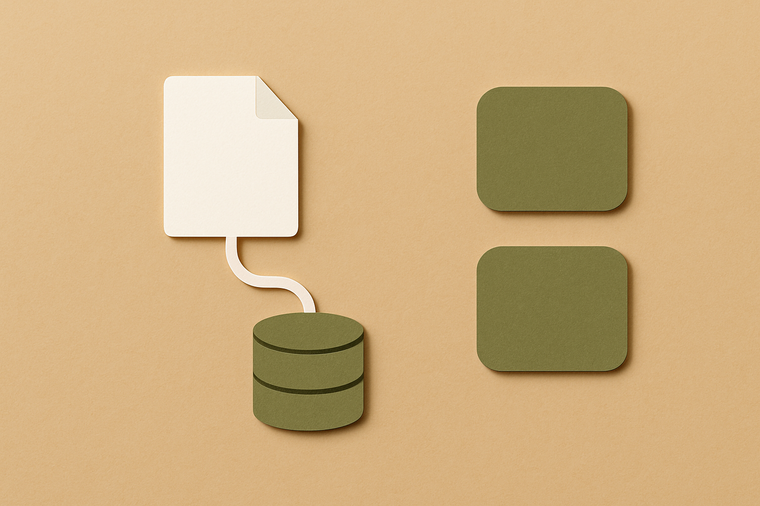A document flowing into a database beside two cards on a warm beige paper background with moss-green accents.