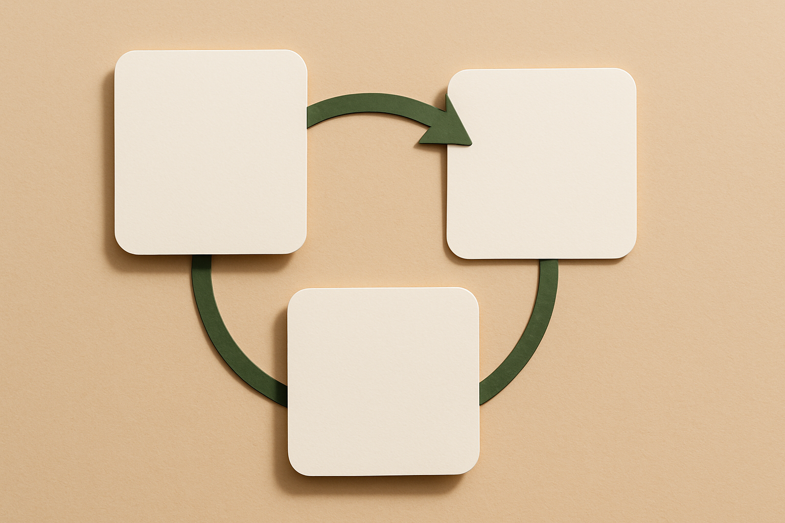 Three rounded cards linked by a looping moss-green arrow on a warm beige paper background.