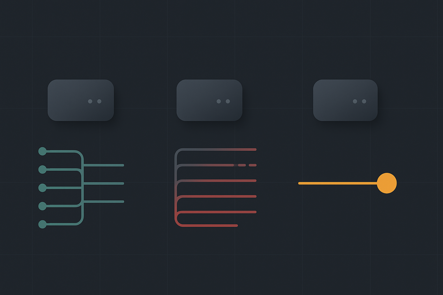 Three in-memory cache server nodes, the first fanning out into five parallel maintained release branches, the second into six with one dashed, the third into a single line, ShipGarden, 2026