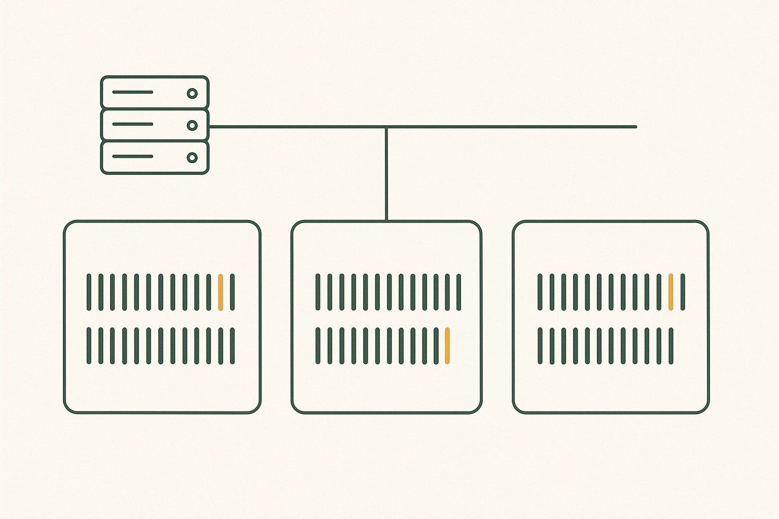 Minimalist illustration of three status page cards showing uptime bar strips connected to a server rack