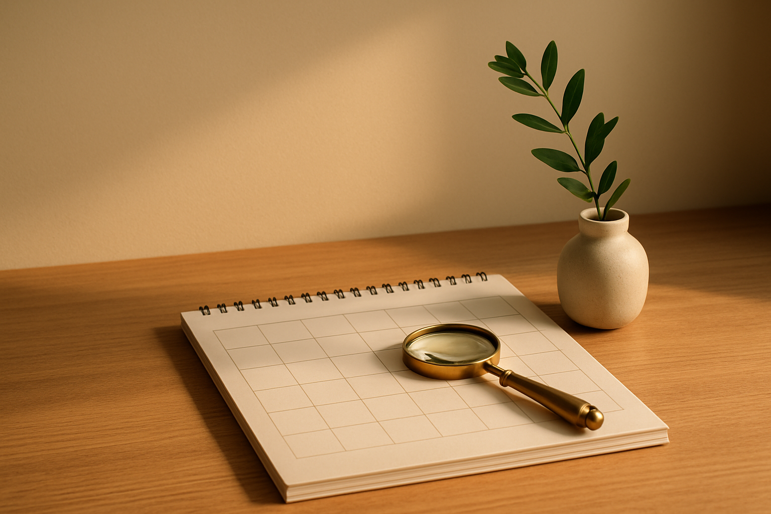 A plain paper desk calendar and a brass magnifying glass on a warm wooden desk in golden hour light